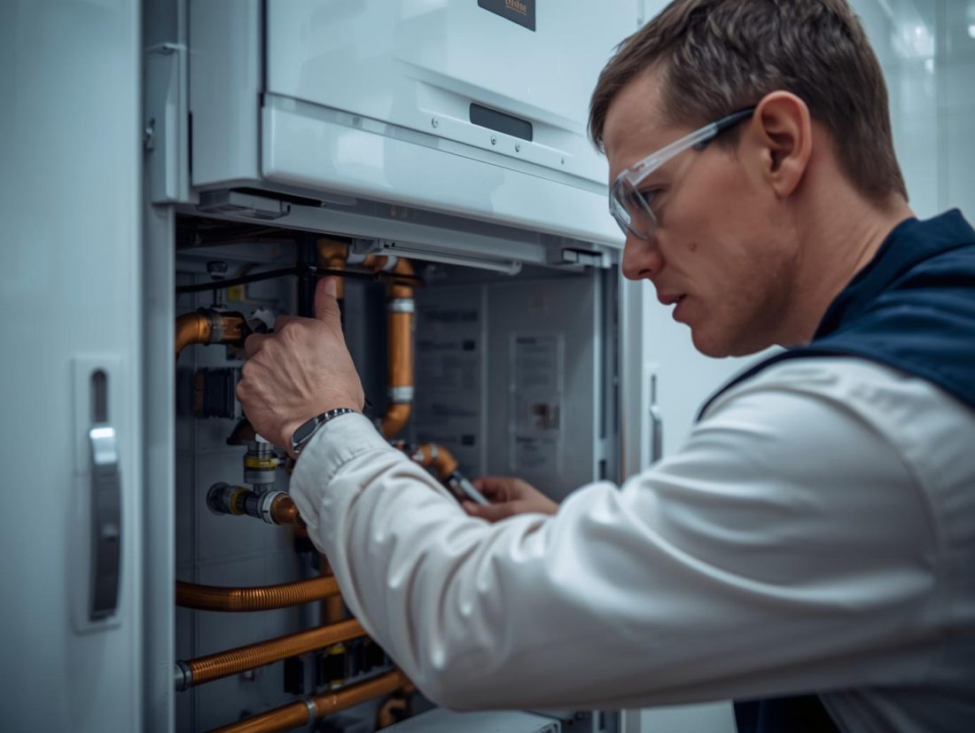 create an image of a gas engineer fixing a gas boiler create an image of a gas engineer fixing a gas boiler