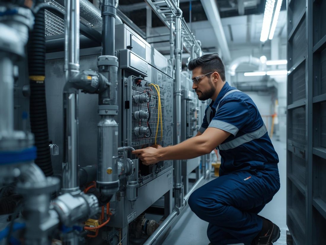 create an image of a plumber fixing chilled water system create an image of a plumber fixing chilled water system