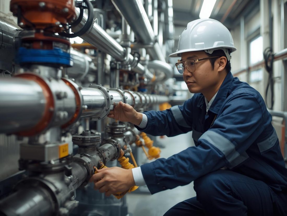 create an image of a water engineer fixing a water pipe in a plant room create an image of a water engineer fixing a water pipe in a plant room